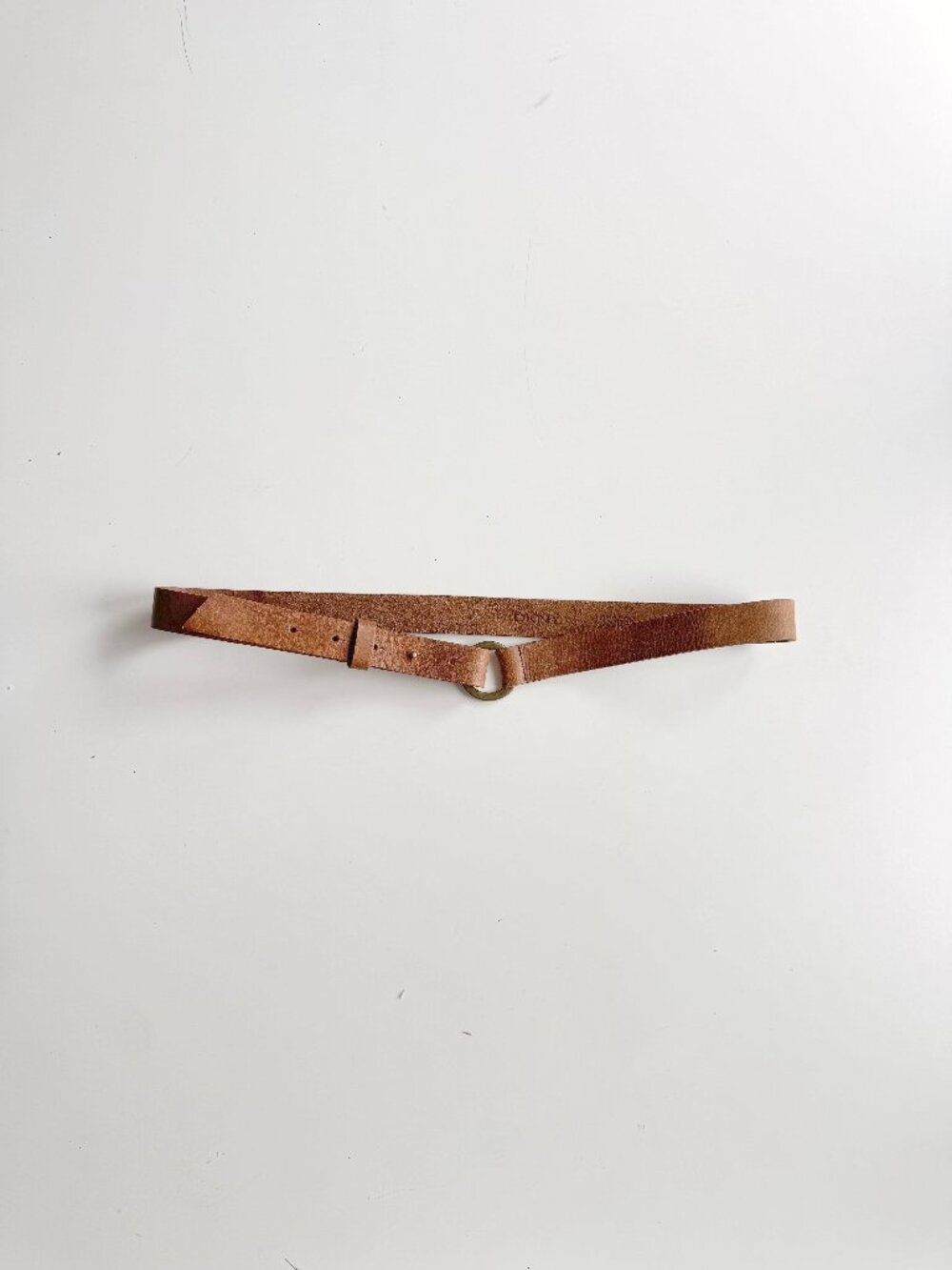 DKNY Tan Brown Leather Hammered Brass O-Ring Stud Closure Belt, Size L/XL